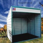 SB-470  A-Frame vertical roof 12-gauge 12’ wide x 12’ long with 9’ legs (tall side) 7’ leg (short side) (2) Sides closed (2) Ends closed (1) 6’ wide x 7’ high roll-up door (1) 30” x 30” window (1) 34” x 72” walk-in door